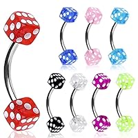 WildKlass Jewelry 316L Surgical Steel Curved Barbell/Eyebrow Ring with UV Coated Acrylic Dice Balls (Sold Individually)