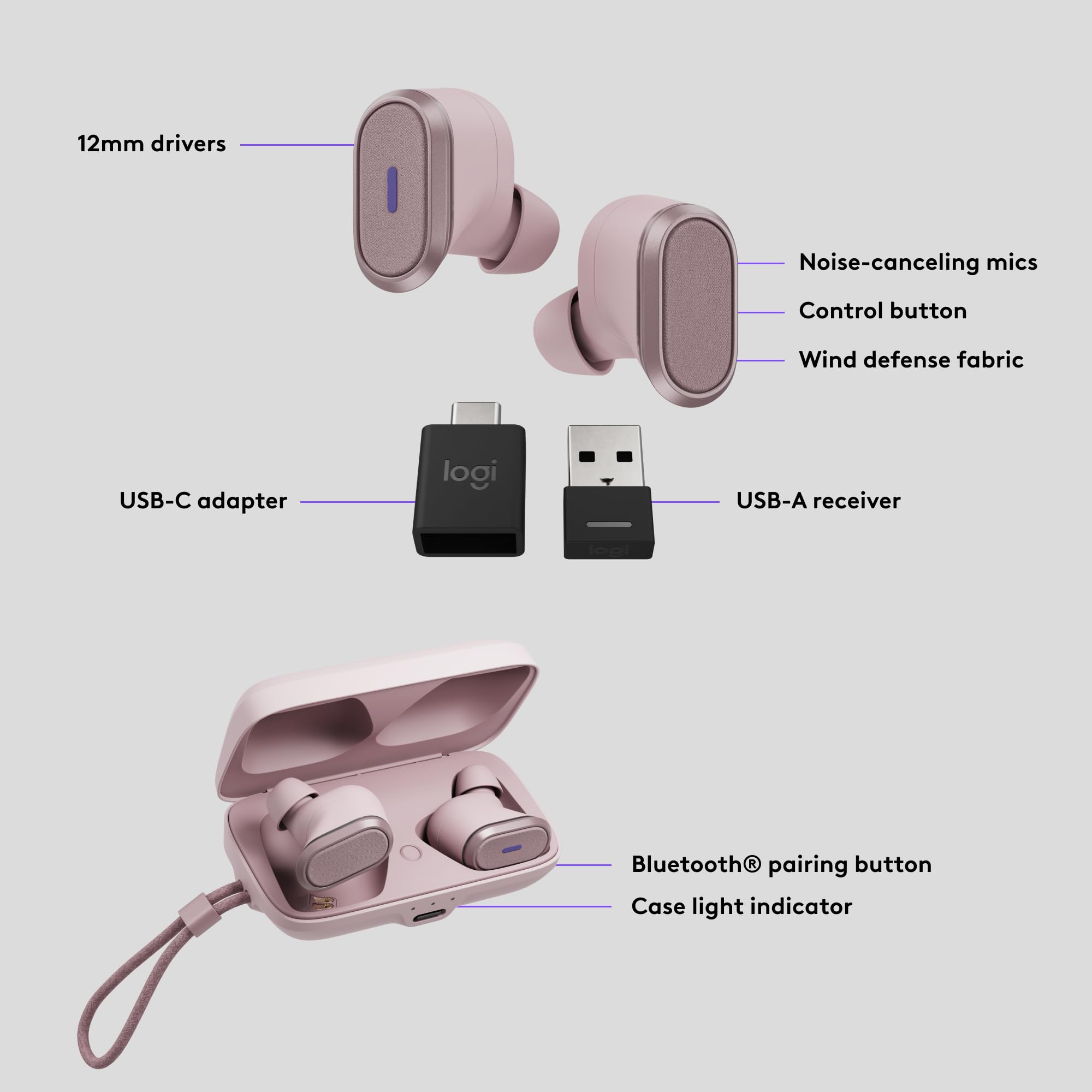 Logitech Zone True Wireless Bluetooth Noise Canceling Earbuds with Microphone, Hybrid ANC, Transparency Mode, Certified for Microsoft Teams, Zoom, Google Meet, Google Voice - Rose