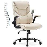 JHK Leather Office Chair with Flip Up Arms, Executive High Back Big and Tall Desk Chairs with Ergonomic Lumbar Support, Adjustable Height,Wheels, Soft Padded, Cream