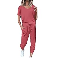 2 Piece Summer Sets for Women Two Piece Loungewear Sets Short Sleeve Pullover With Drawstring Long Pants Jogger Set