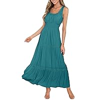 MITILLY Women's Summer Sleeveless Lace Trim Square Neck Smocked A-Line Flowy Tiered Maxi Dress with Pockets
