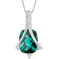 PEORA Created Green Emerald and Genuine Diamond Pendant for Women 14K White Gold, 1.90 Carats Cushion Cut 9x7mm, with 18 inch Chain