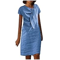 Women Ruched Tied Cotton Linen Casual Tunic Dresses Short Sleeve Fashion Solid Dressy T-Shirt Dress with Pockets