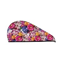 Microfiber Hair Towel Wrap for Women Girls, Pink flowers golden roses Dry Hair Cap, Super Absorbent Soft Quick Dry Hair Turban for All Hair Style Anti Frizz Large Hair Drying Towel with Button