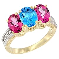 10K Yellow Gold Natural Swiss Blue Topaz & Pink Topaz Sides Ring 3-Stone Oval 7x5 mm Diamond Accent, Sizes 5-10