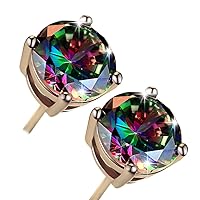 18K White Gold Plated Rainbow Quartz Stud Earrings Colourful Fashion CZ Created Mystic, Round Solitaire Mystic Earrings Hypoallergenic for Women Men Jewelry Gifts