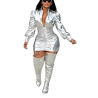Bluewolfsea Women Shinny Metallic Dress Sexy V Neck Long Sleeve Glitter Ruched Bodycon Mini Club Party Dress
