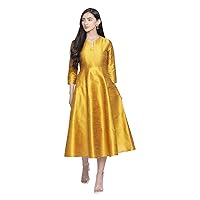 Indian Women Poly Art Gold Silk Dress Gown Frock Tunic Party Wedding Wear fit & FlaGold midi Dress