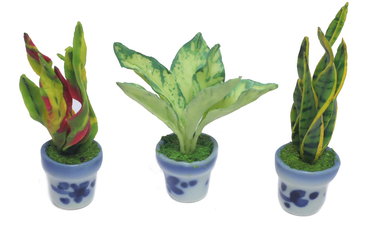 3 Pieces 1:12 Dollhouse Miniature Artificial Flower Plants in Ceramic Pot, Codiaeum Variegatum,Aglaonema,Sansevieria Dollhouse Accessories for Collectibles and Home Decoration