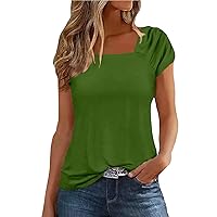 Women Short Sleeve Tops Ruched Tops for Women 2024 Solid Color Simple Versatile Loose Fit Casual with Short Sleeve Square Neck Shirts Army Green XX-Large