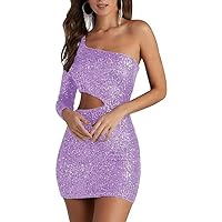 One Shoulder Cut-Out Homecoming Dresses Sparkly Sequin One Long Sleeve Short Prom Gowns Cocktail Dressfor Women