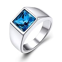 Square Gemstone Signet Rings for Men, Personalized Stainless Steel Pinky Ring with Black Onxy Blue Topaz Birthstone Statement Ring