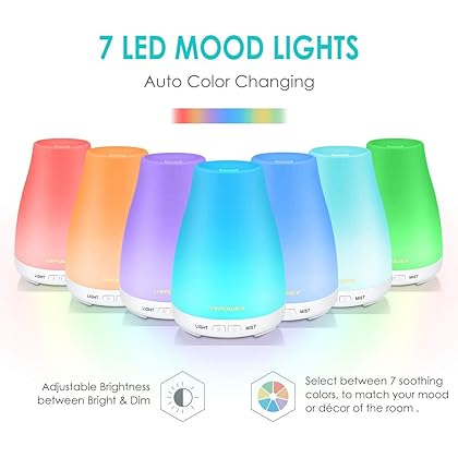 URPOWER 2nd Version Essential Oil Diffuser with Adjustable Mist Mode Waterless Auto Shut-Off and 7 Color LED Lights for Home Office, One Size (Pack of 1), White