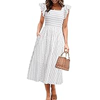 Miessial Women's Striped Linen Midi Dress Elegant Square Neck Ruffle Cap Sleeves Maternity Dress 2024 Summer Beach Dress