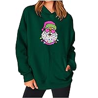 Funny Santa Claus Hoodies Women's Oversized Double-Pockets Long Sleeves Lightweight Hooded Fashion Print Sweatshirts