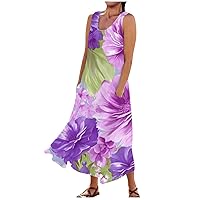 Dresses for Women 2024 Summer Casual Comfortable Floral Print Sleeveless Dress with Pocket