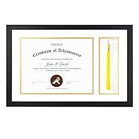 Golden State Art, Wood Diploma Tassel Shadow Box 11x17.5 Frame for 8.5x11 Document/Certificate, with Double Mat (White Over Gold), Tassel Holder & Real Glass, Black
