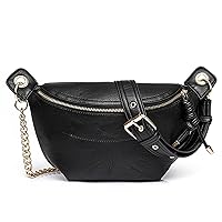 Women's PU Leather Waist Pack with Gold Chain Strap Crossbody Shoulder Bag Large Capacity Chest Bag for Traveling Cycling Hiking Workout Black