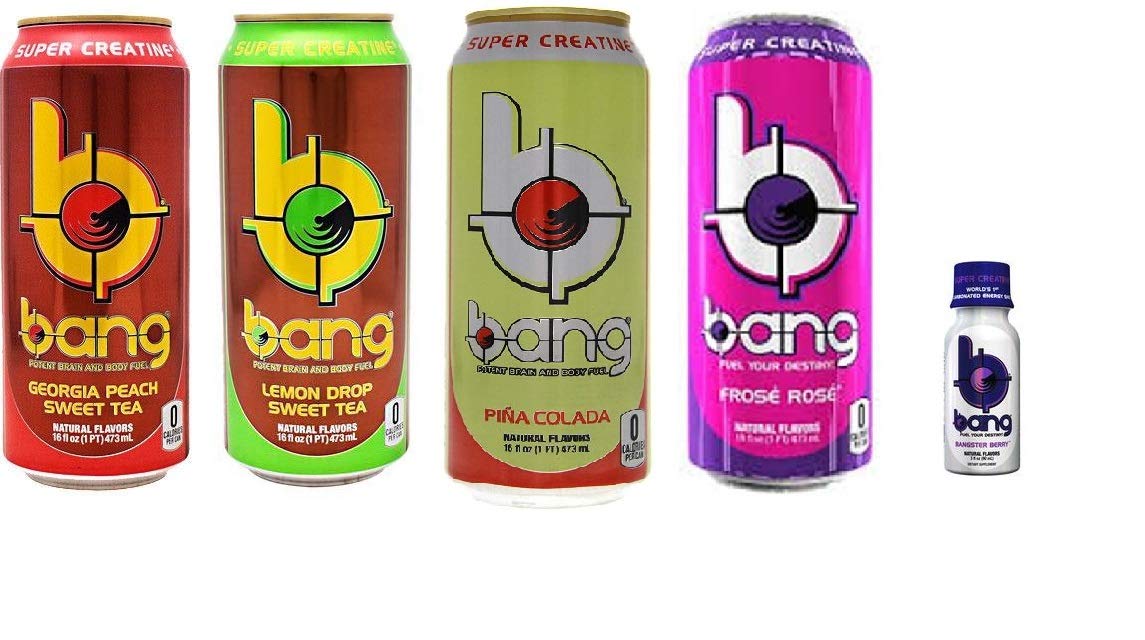 VPX Bang Energy Drink Variety - Georgia Peach Sweet Tea, Lemon Drop Sweet Tea, Pina Colada, Frose Rose - 16 ounce (Pack of 8) + Bang Bangster Shot