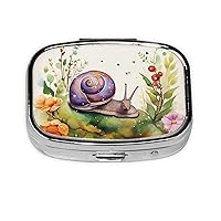 Lovely Snail Print Pill Box Square Metal Pill Case with 2 Compartment Portable Mini Pill Organizer Cute Pill Container for Pocket Purse Office Travel