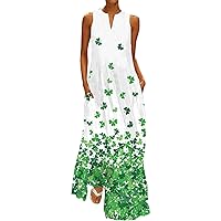 Women's Peplum Hem Spring and Autumn Printed Dress Sleeveless V Neck Casual Skirt with Pockets Large Swing Maxi Dresses