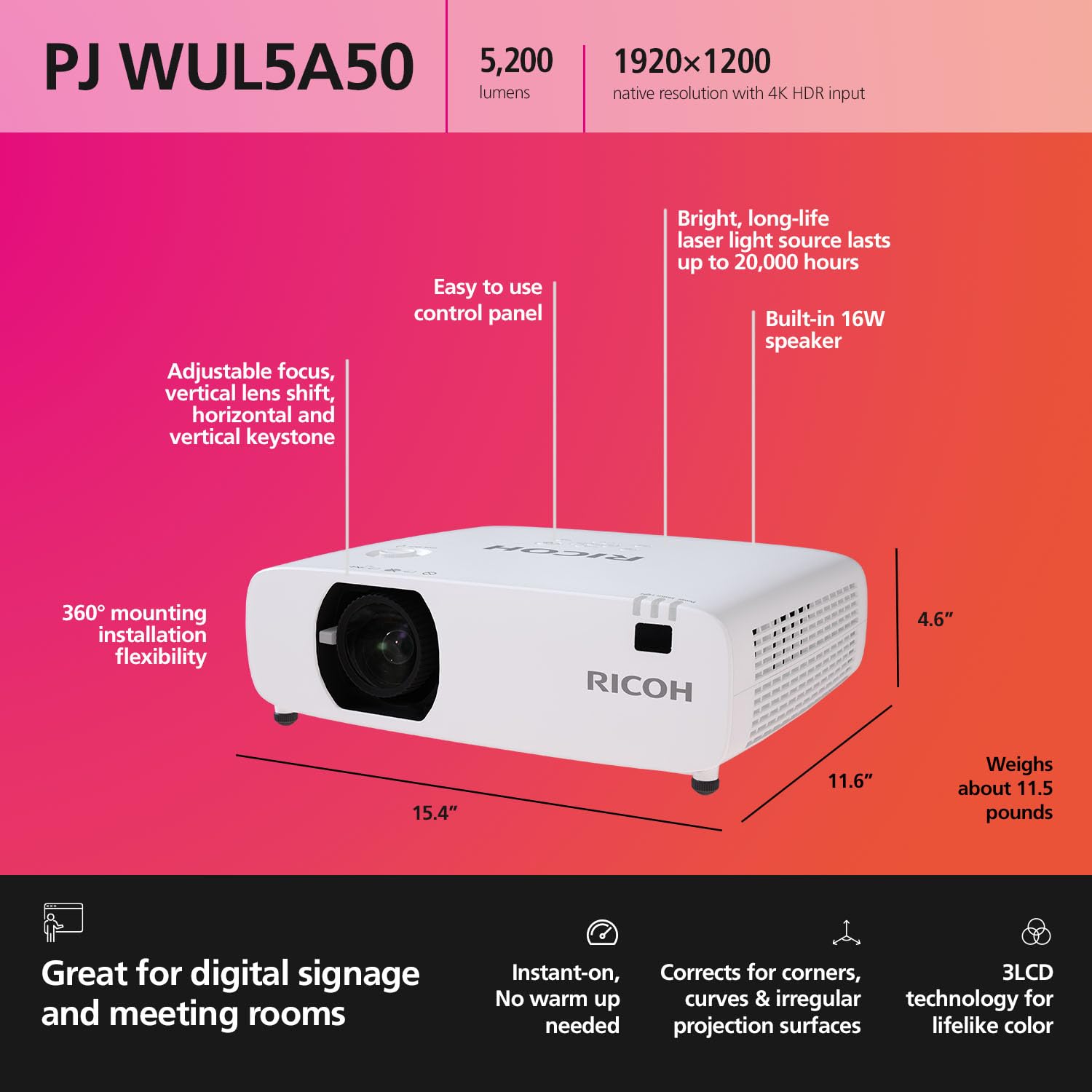 RICOH PJ WUL5A50 Compact 3LCD Laser Projector | 5200 Lumens | 1920x1200 WUXGA w/4K Input | 30-300