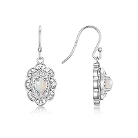 14K White Gold Antique Style Floral Earrings - Oval Shape Gemstone & Diamonds - 6X4MM Birthstone Earrings - Timeless Color Stone Jewelry