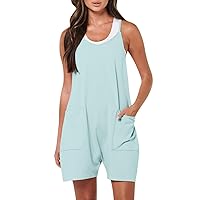 Rompers For Women,Jumpsuits For Women Sleeveless Adjustable Spaghetti Strap Loose Fit Overalls Solid Color Shorts Rompers with Pockets Overalls For Women