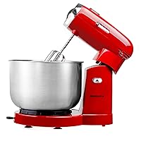 OVENTE Electric Kitchen Stand Mixer with 3.5-Quart Removable Stainless Steel Mixing Bowl, 5 Speed Control, 250-Watt Power, 2 Blender Attachment Egg Beater Whisk & Dough Hook Red SM680R