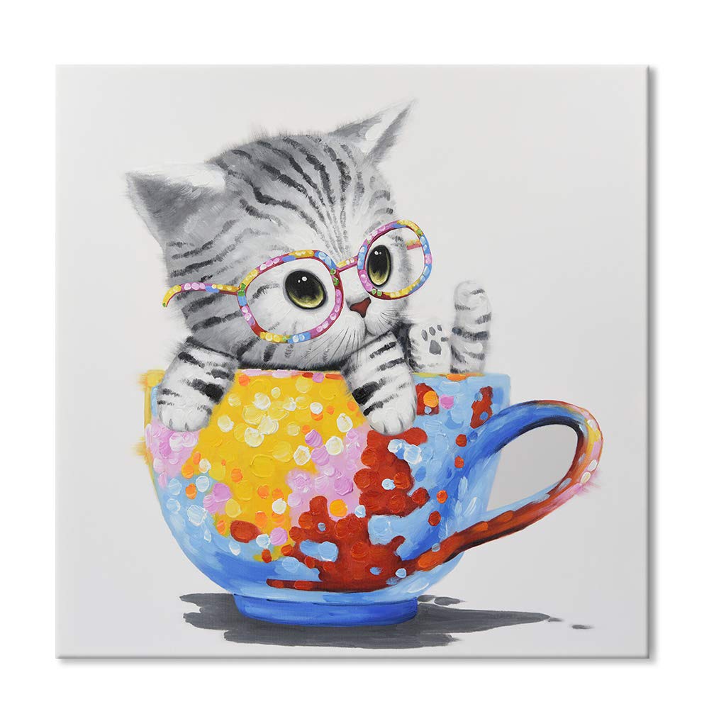 SEVEN WALL ARTS - Cute Cat Painting Animal Colorful Cup Kitty Art Hand-Painted Pet Picture Framed Artwork for Playroom Home Office Kids Room Decor ...