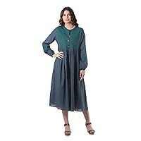 NOVICA Artisan Hand Embroidered Cotton Empire Waist Dress with Floral Motif Clothing Green Blue India 'Gentle Valley'