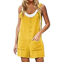 Women's Linen Short Jumpsuits Loose Fit Casual Rompers Ladies Adjustable Straps Short Overalls with Pockets