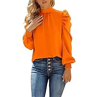Women Button Shirt Ladies Solid Color Long Stand Collar Puff Sleeve Tie Back Casual Fashion Top Stretch (Orange, XL)
