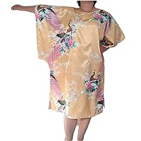 Plus Size Loose Fit Dress Silky Satin Peacock Floral Print Casual House Wear, Bust 60
