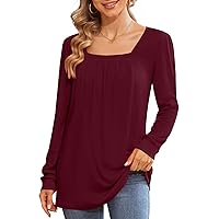BISHUIGE Womens Casual Fall Top Square Neck Loose Tunic Pleated Sweatshirt