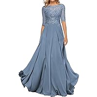 Women's Chiffon Formal Dress Lace Appilques Floor Length Mother of The Bride for Wedding Dress Half Sleeves