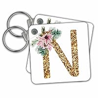 3dRose Key Chains Pink Poinsettia Image of Gold Glitter Christmas Monogram Initial N (kc-371639-1)