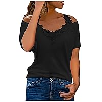 Plus Size Women Lace Floral Strap Off Shoulder T-Shirts Summer Short Sleeve Trendy Casual Loose Fit Solid Color Tops