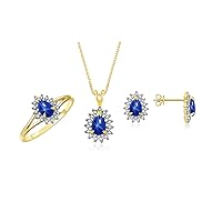 Rylos Matching Jewelry For Women 14K Yellow Gold Diamond & Blue Star Sapphire Matching Earrings, Pendant Necklace and Ring Set with 18