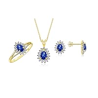 RYLOS Matching Jewelry For Women 14K Yellow Gold Diamond & Blue Star Sapphire Matching Earrings, Pendant Necklace and Ring Set with 18