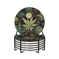 Coaster for Drink Ceramics Coaster Set of 6 Heat Resistant Drink Coasters with Holder A Puff in Time Weed Marijuana Coffee Cup Mat Tabletop Protection Cup Pad Round Coasters for Kitchen