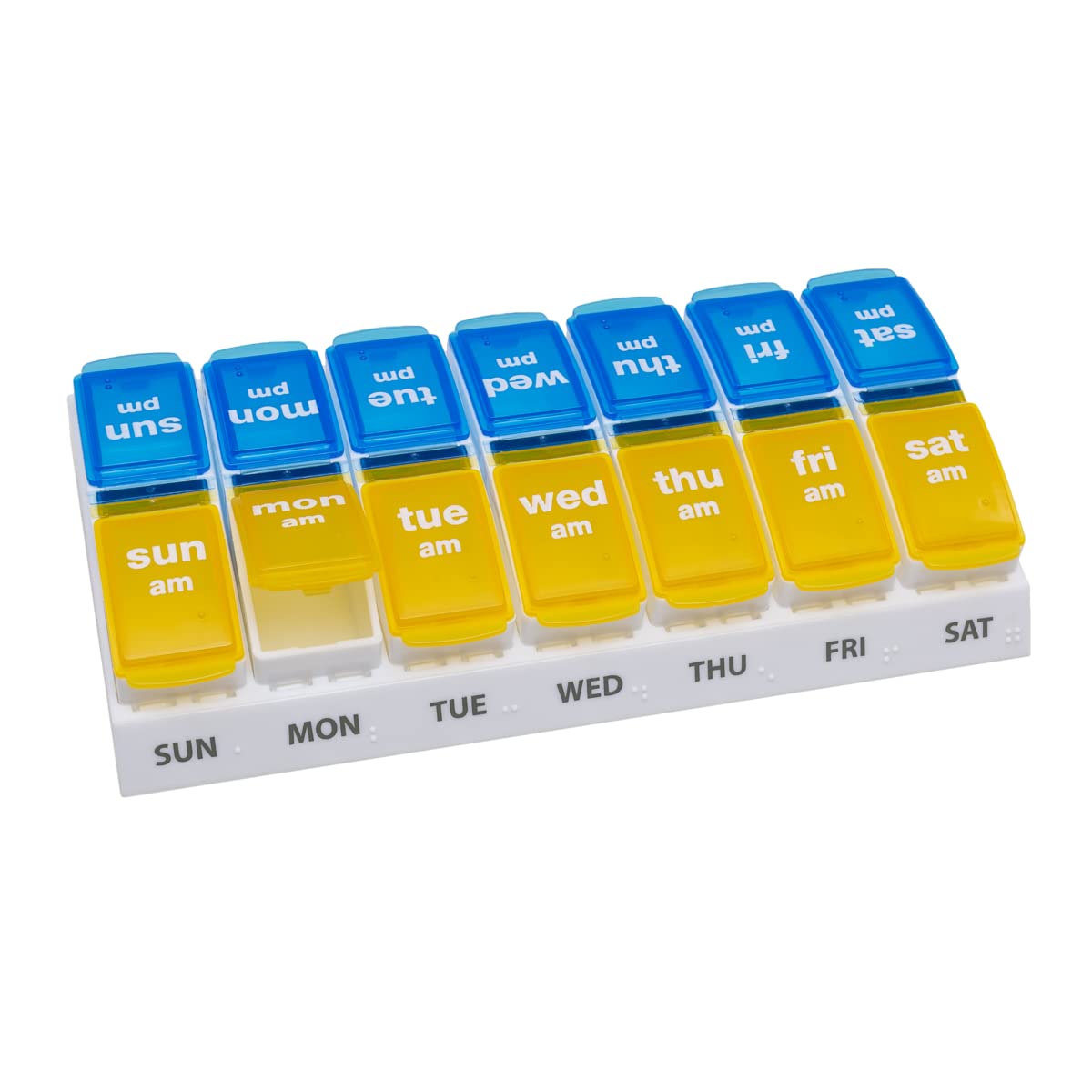 EZY DOSE Weekly (7-Day) AM/PM Pill Case, Medicine Planner, Vitamin Organizer, Large Pop-Out Compartments, 2 Times a Day, Blue and Yellow Lids