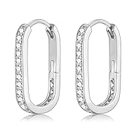CERSLIMO Silver Hoop Earrings for Women, White Gold Plated Sterling Silver Post Cubic Zirconia Huggie Earrings | U-shaped Hypoallergenic Rectangle Chunky Earrings for Gifts