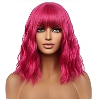 Hot Pink Wig Short Curly Wavy Wig with Bangs Rose Red Wig for Women Magenta Wig Neon Pink Wig Synthetic Wigs for Cosplay Costume Party with Wig Cap