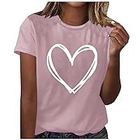 Firzero Summer Tops for Women Trendy Casual Round Neck Short Sleeve T Shirt Novelty Heart Graphic Tees Vintage Loose Blouses