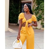 The Drop Women's Mango Cropped Tie-Front Puff Sleeve Top by @ayeciara