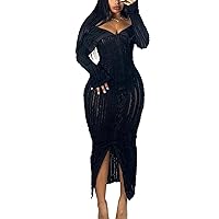 Vaceky Cocktail Dresses Women Sexy Sheer Fringe Off The Shoulder Bell Sleeve Button Down Front Slit Midi Dress