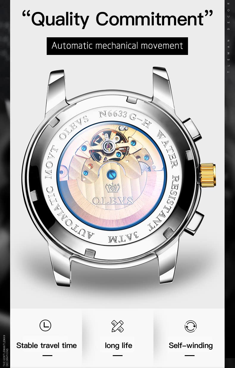 OLEVS Mens Automatic Watches Self Winding Mechanical Dress Wrist Watch Multifunction Calendar Hidden Button Sun Moon Display Waterproof Luminous