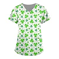 Womens Short Sleeve Tops St Patrick's Day Printed Summer Shirt Blouse Trendy Tunic V Neck 2024 Tee Four-Leaf with Pocket