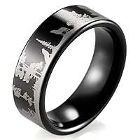 Men's 8mm Black Tungsten Ring with Engraved Wolves in Forest